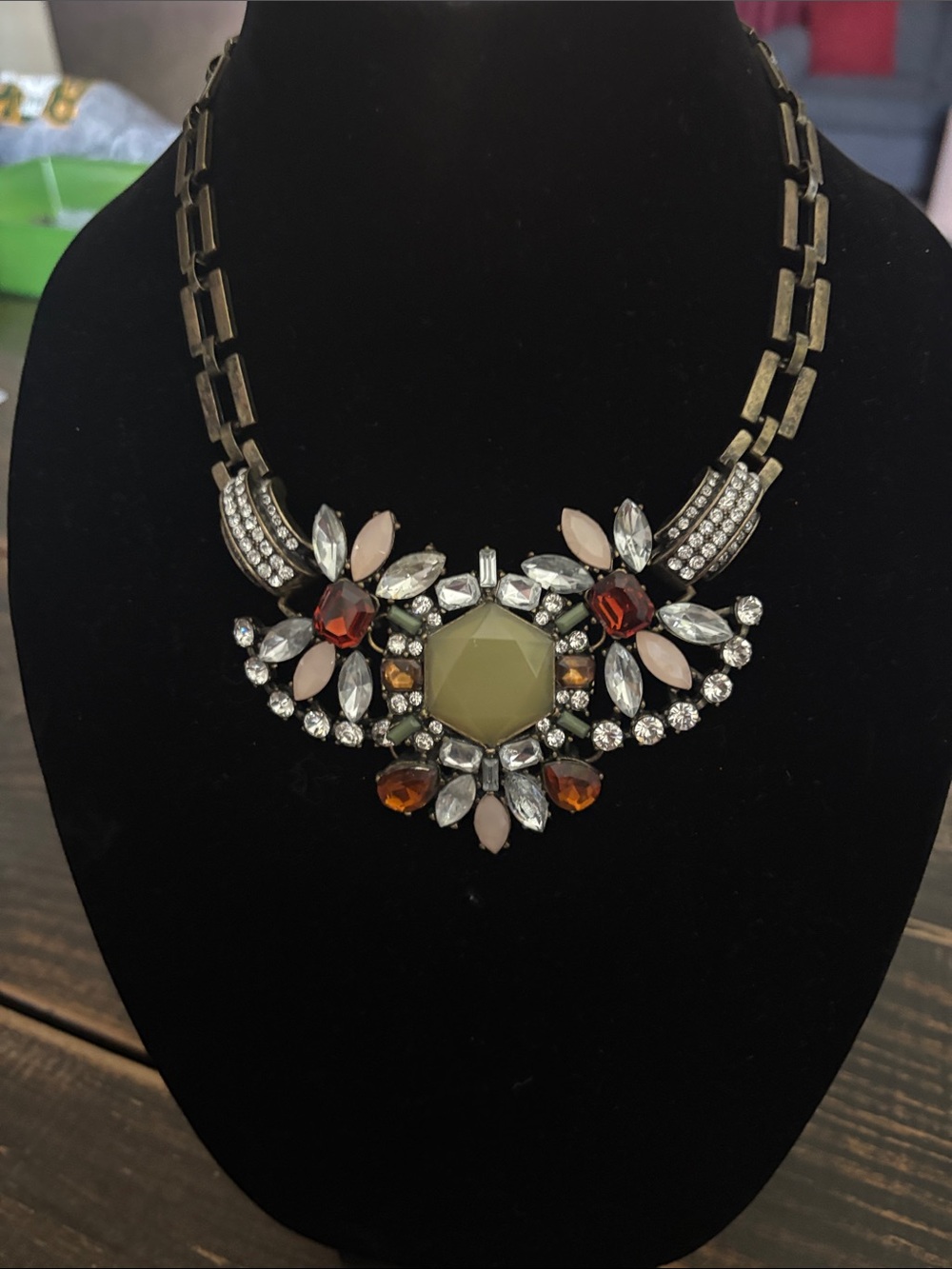 BCBG MaxAzria Statement Floral Crystal Bib Necklace in Olive and Amber